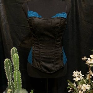 Frederick's of Hollywood Black Satin Corset Top with Teal Lace Accents